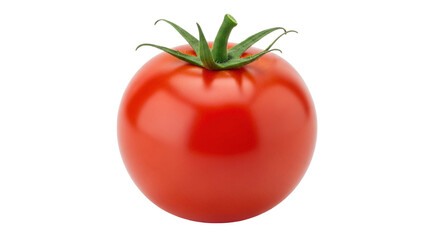 Isolated fresh ripe red tomato with green stem close up, vibrant delicious produce