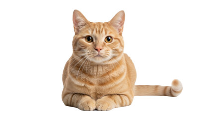 Isolated orange tabby cat with relaxed expression lying down looking straight ahead