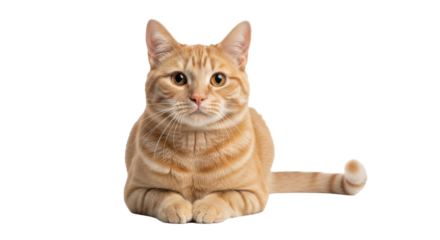 Isolated orange tabby cat with relaxed expression lying down looking straight ahead