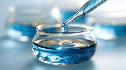 Pipette dripping liquid into a glass container in a science laboratory for research and development with a blue chemical solution