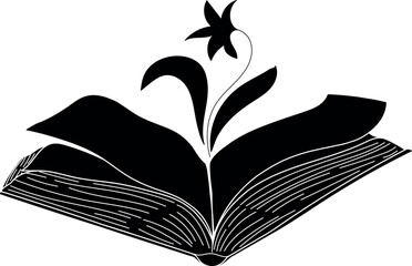 Black silhouette of an ancient open book with a flower growing out of it