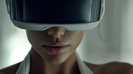 Extreme close-up on the face of a woman wearing a modern VR headset for an immersive digital experience in the metaverse