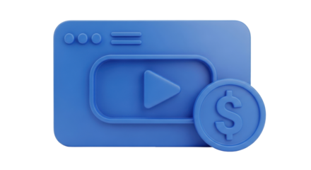 Isolated 3D render of a video player window with a dollar coin, symbolizing online monetization