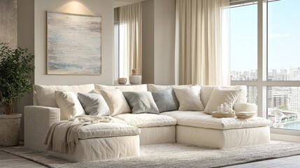Modern living room interior with a large white sectional sofa, abstract wall art, and a panoramic window with a city view