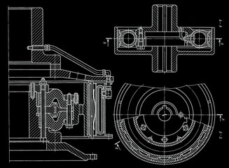 Obraz premium Clutch with shaft. Scheme of machine part. Engineering automotive mechanical drawing of steel device with dimension line. Industrial design on paper sheet. Technology hand drawn schematic diagram. 