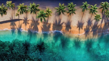 Aerial top down view of a tropical beach with palm trees casting shadows on the golden sand and turquoise ocean water