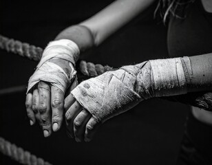 Wrapped and Ready: A female boxer, her hands bandaged and resting on the ropes of a boxing ring, embodies resilience and determination in the world of combat sports.