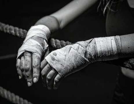 Wrapped and Ready: A female boxer, her hands bandaged and resting on the ropes of a boxing ring, embodies resilience and determination in the world of combat sports.
