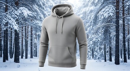 Cozy grey hoodie displayed outdoors in a snowy winter forest.