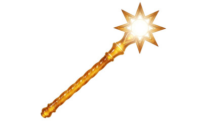 Isolated golden magic wand with starburst, fairytale prop for magical power and performance