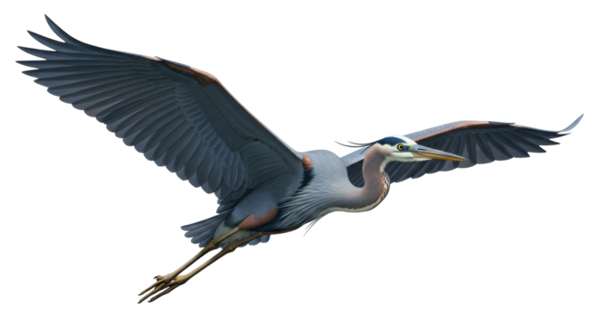 Isolated Great Blue Heron in Flight, majestic wings, North American bird soaring, wildlife view