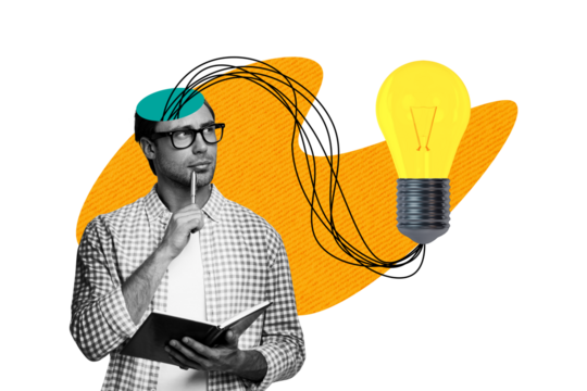 Composite trend artwork sketch image 3D photo collage of student young guy eyewear rope idea lamp half head mind read book education