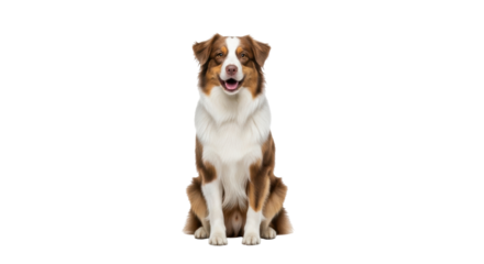 Isolated Australian Shepherd dog sitting looking at camera with mouth open in a studio shot