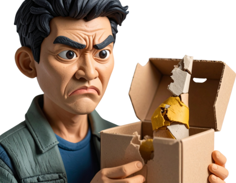 Gros plan artistique d’un personnage en pâte à modeler avec expression contrariée et colis endommagé