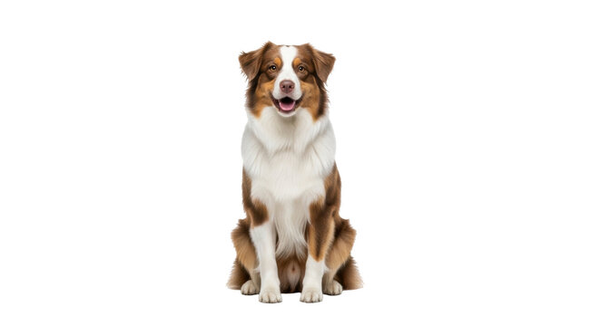 Isolated Australian Shepherd dog sitting looking at camera with mouth open in a studio shot