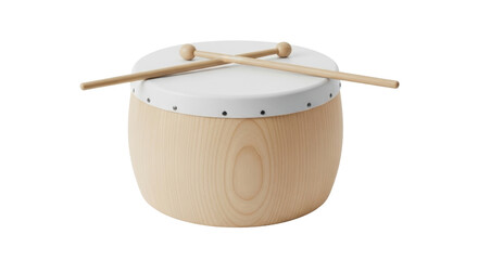 Isolated wooden toy drum with drumsticks for toddler kids, musical instrument learning