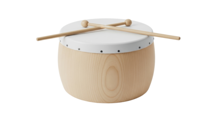Isolated wooden toy drum with drumsticks for toddler kids, musical instrument learning