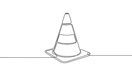 Traffic cone in one line art style. Drawing of a road work cone with editable black stroke on a white background. Vector illustration.