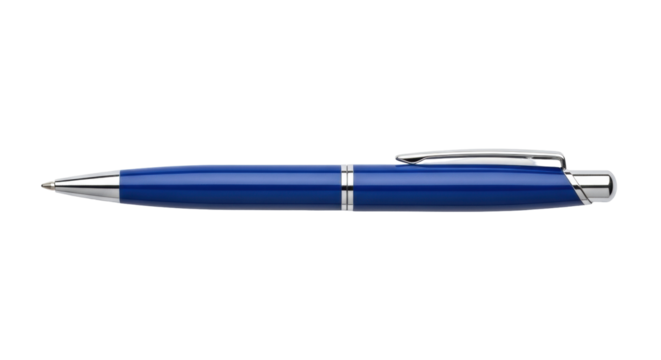Isolated blue metal ballpoint pen with silver clip on side, business, document tools