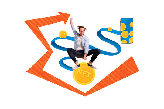 Creative collage young man jump celebrate success nft growth virtual currency golden token smartphone internet trader increase profit