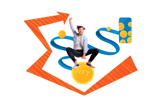 Creative collage young man jump celebrate success nft growth virtual currency golden token smartphone internet trader increase profit - Powered by Adobe