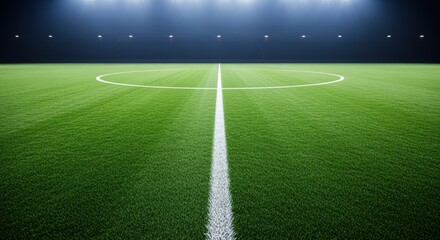 Obraz premium A well-lit soccer field with a lush green grass surface and clear markings on the playing area. The field is illuminated by bright stadium lights, creating a professional and competitive atmosphere.