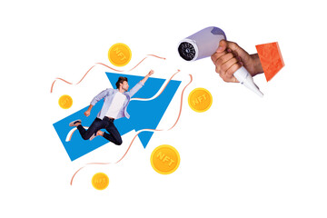 Creative collage young ambitious man reach success money earnings golden tokens nft hairdryer improvement development superman flight