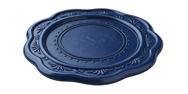 Decorative Navy Blue Wax Seal Stamp Impression with Ornate Floral Border
Elegant Glossy Wax Seal with Blank Center and Intricate Scalloped Edge