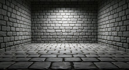 Empty stone room with brick walls and cobblestone floor, illuminated by spotlights creating dramatic shadows