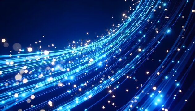 Abstract blue light trails with a dynamic and flowing composition, creating a sense of movement and energy, on a dark blue background