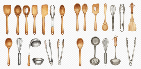 A collection of kitchen utensils including wooden spoons, spatulas, whisks, ladles, and tongs.