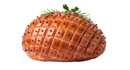 A glazed ham decorated with cloves and garnished with rosemary sprigs on transparent background