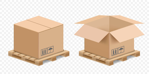 Isometric cardboard boxes on a wooden pallet. Closed and open. Isolated on a transparent background. Vector illustration