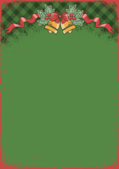 Christmas vintage card with golden Christmas holiday bells and holly berry decor on red green old paper texture background. Featuring rustic red and green color background card 