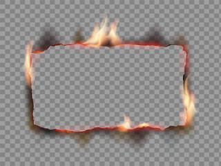 Burnt and smoldering paper edges effect. Template isolated on a transparent background. Vector illustration.