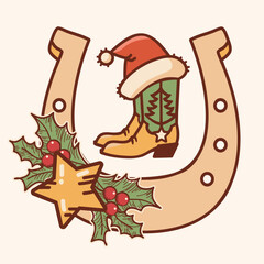 Cowboy Christmas vintage card illustration. Vector Cowboy boots and Santa hat on Cowboy horseshoe isolated on white background. Featuring beautifully designed horseshoe filled with holly berry decor