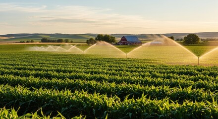 Expansive green field with crops being irrigated by sprinklers. In the distance, a classic red barn stands against rolling hills, bathed in warm sunlight for a picturesque rural scene.