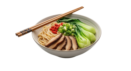 A bowl of ramen with bok choy mushrooms and goji berries with chopsticks on transparent background