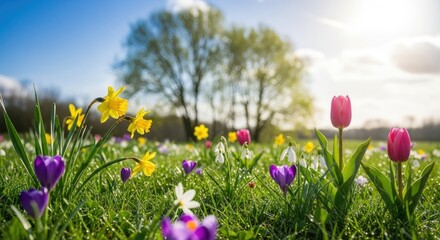 A vibrant meadow filled with daffodils, tulips, and crocuses under a clear blue sky with scattered clouds.