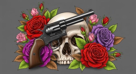 A classic revolver rests on a skull surrounded by vibrant roses and green leaves, evoking themes of mortality, danger, and beauty
