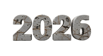 Cracked concrete year two thousand twenty six on a black background on transparent background