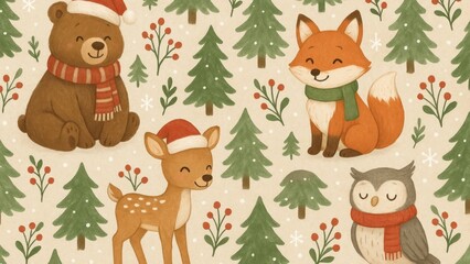 Cute festive woodland animals illustration.
