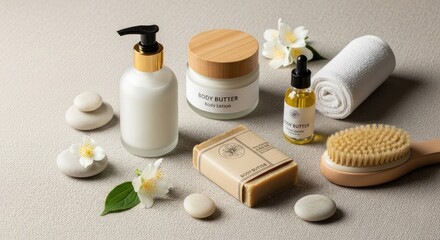 A collection of skincare products on a neutral background.
