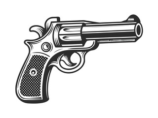 An isolated black pistol and bullets on a white background symbolizes danger and crime for security and police documentation