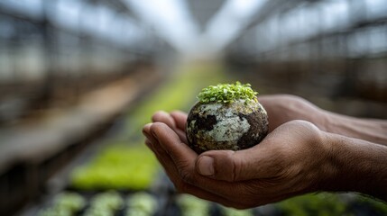 Hands Holding Sprouting Soil Sphere in Greenhouse