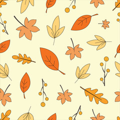 Beautiful autumn leaves doodle seamless pattern. Fall season tree leaf illustration pattern for background, print, wrapping paper, gift
