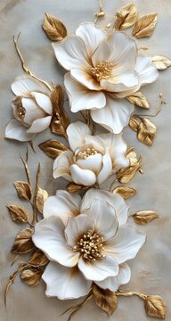 Embossed white flowers with gold accents on beige texture