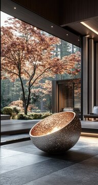Modern room with view to autumn tree and spherical sculpture