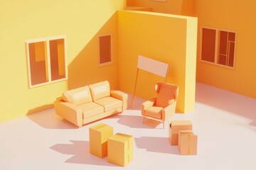Cardboard boxes stacked with furniture represent the moving process.