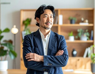 40代の日本人中年ビジネスマン、ネイビージャケットを着て腕を組み、真剣な表情でオフィスに立つ